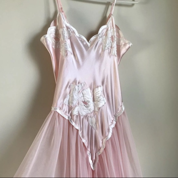 Vintage Victorias Secret Gown Pink Sheer Satin Womens Small Set 2 Pc Set - Picture 1 of 12